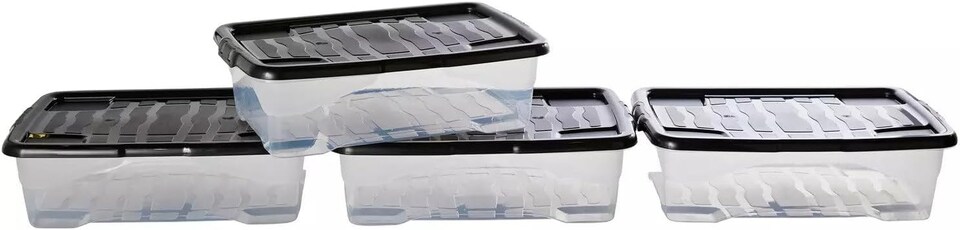 Strata 4 x 30 Litres Curve Plastic Stackable Storage Box & Lid with clip-on lids