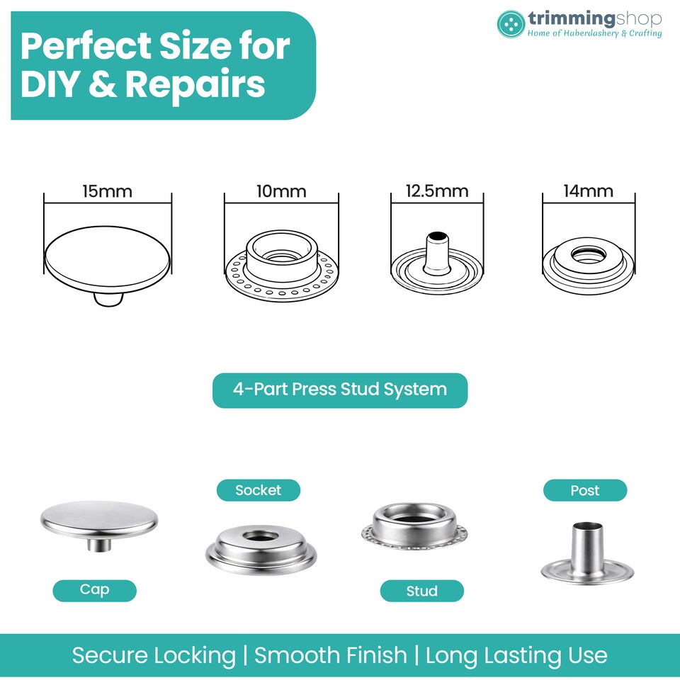 image 1 of 15mm Press Studs 4 Part No Sew Buttons, Durable & Lightweight - 100pcs
