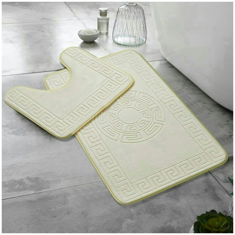 image 1 of VELVETIO Bath Mat Set Greek Pattern Anti Slip Memory Foam Toilet Rug Cream