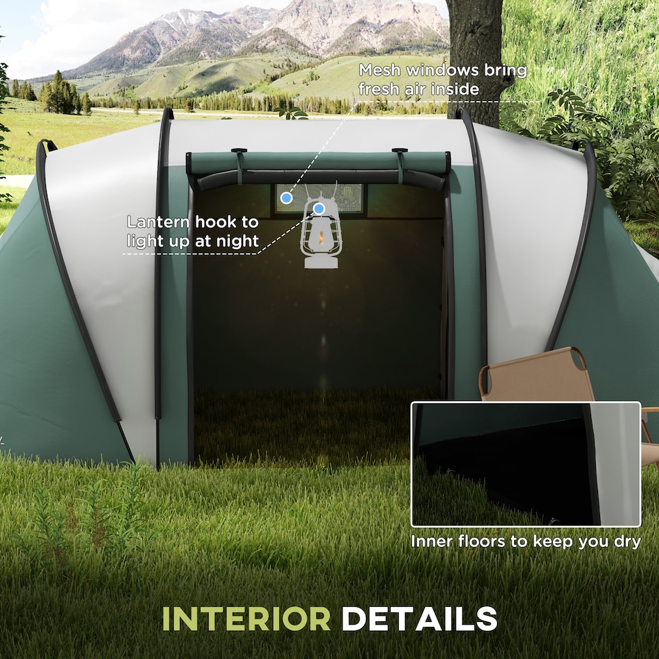 image 1 of Outsunny 2 Bedroom Camping Tent with Living Area, 3000mm Waterproof, Green