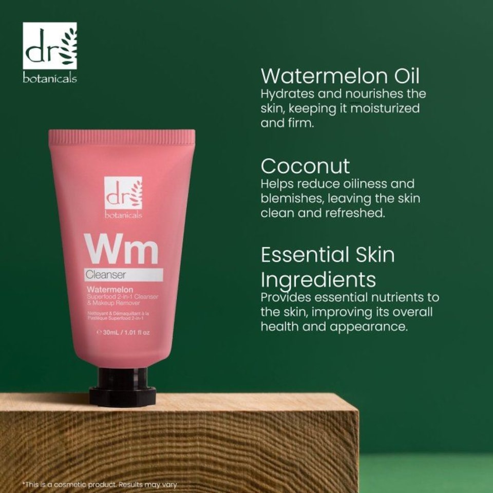 image 1 of Dr. Botanicals Watermelon Superfood Anti-Ageing 2-In-1 Cleanser & Makeup Remover 30ml for Fine Lines, Wrinkles, Brightening
