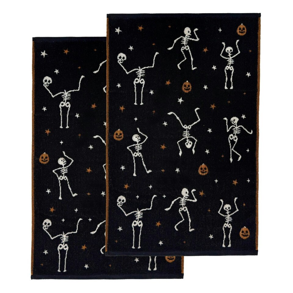 image 1 of Luxury Halloween Hand Towels Pack of 2 - 100% Cotton Spooky Tea Towels Black | Skeletons
