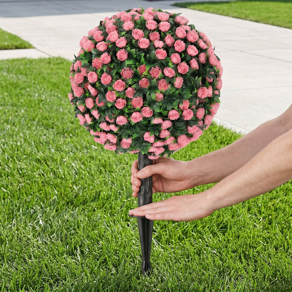 image 1 of HOMCOM Artificial Rose Topiary, UV Resistant, 2-Pack, 55 cm