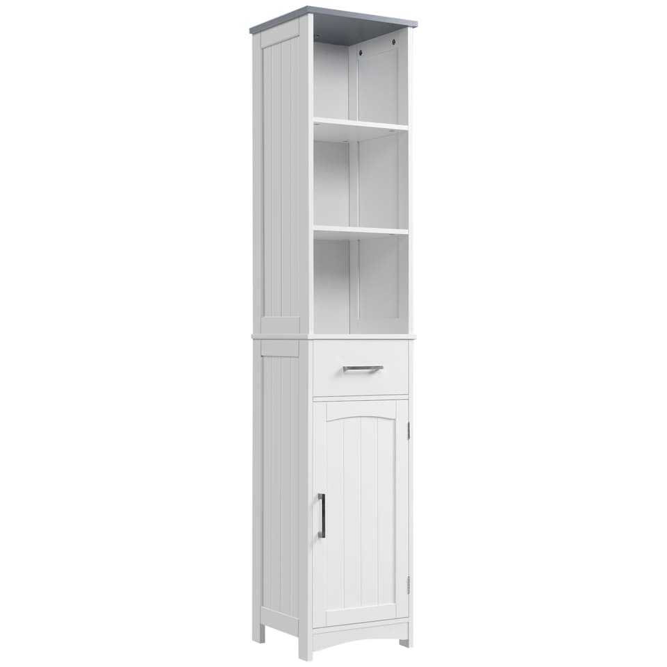 image 1 of kleankin Tall Bathroom Storage Cabinet with 3 Tier Shelf, Cupboard, Drawer, Door, Freestanding Linen Tower, Slim Side Organizer, White