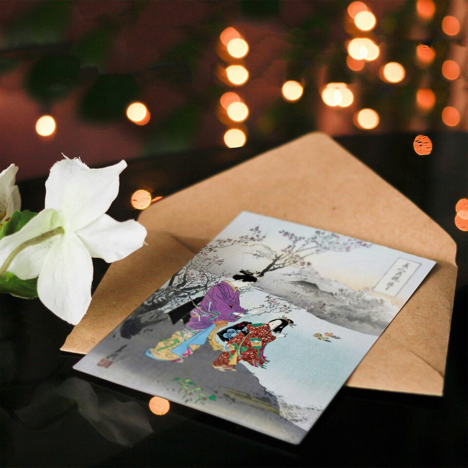 image 1 of Ogata Gekko Japanese Art Card Woman Admiring The Plum Blossom