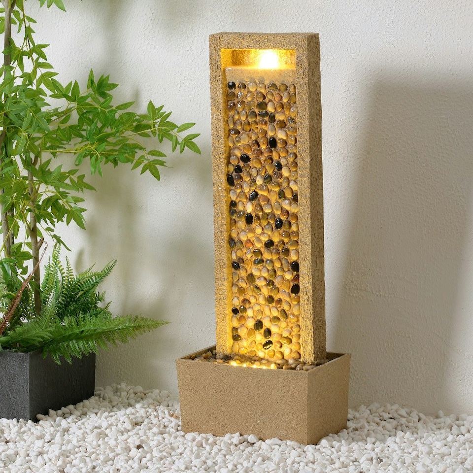image 1 of Teamson Home Garden Outdoor Water Feature, Tall Waterfall Water Fountain, With Warm LED Lights, Layered Rock Design, River Rock