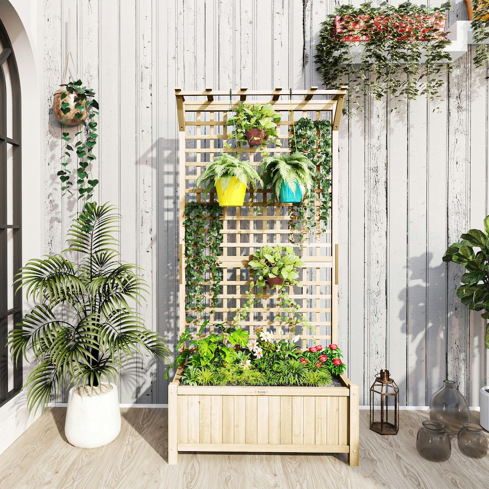 image 1 of Outsunny Wood Planter with Trellis for Climbing Plants Vines Planter Box Brown