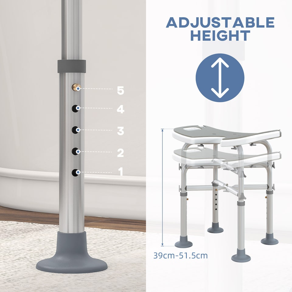 image 1 of HOMCOM Height Adjustable Shower Stool with Suction Grab Rail, Aluminium Shower Chair with U-Shaped Padded Seat, Non-Slip Bath Stool for Elderly, Disabled, Seniors, Pregnant, Grey