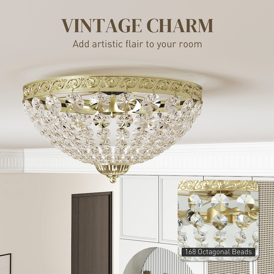 image 1 of HOMCOM Crystal Chandelier Ceiling Light with 168 Octagonal Beads, Vintage 2-Light Flush Mount Ceiling Light for Living Room, Bedroom, Hallway, Dining Room, Gold Tone | Gold