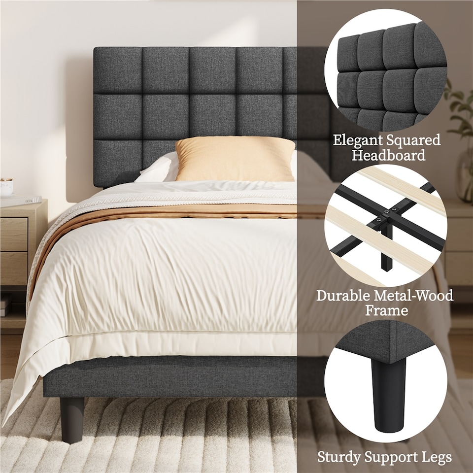 image 1 of Yaheetech 3ft Single Upholstered Bed Frame with Square Tufted Headboard-Light Grey