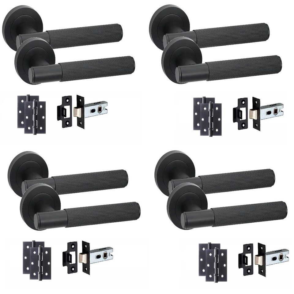 image 1 of Golden Grace 4 Sets Knurled T-Bar Door Handles in Matt Black Finish with Latch and Ball Bearing Hinges Black