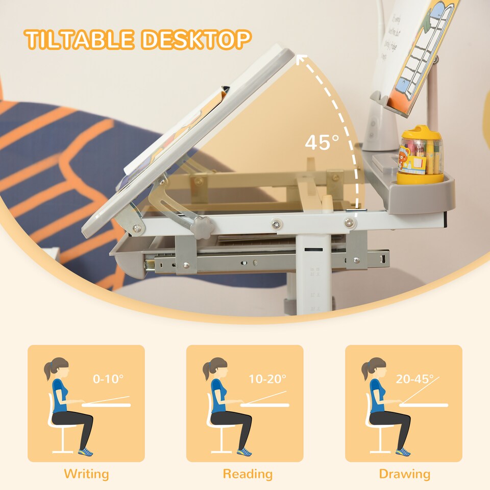 image 1 of HOMCOM Kids Desk and Chair Set, Height Adjustable Study Desk with USB Lamp | Grey