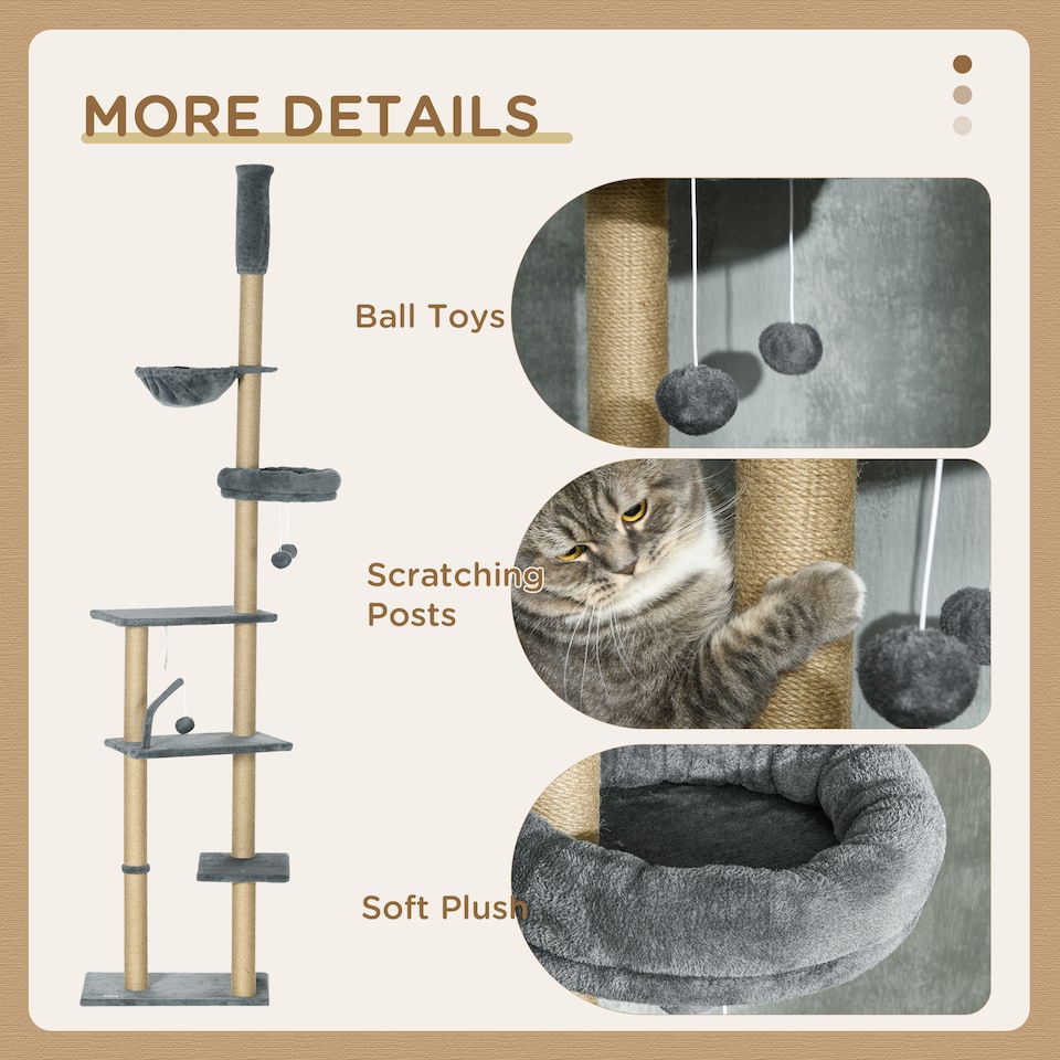 image 1 of PawHut Floor To Ceiling Cat Tree 6-Tier with Scratch Post Bed Hammock