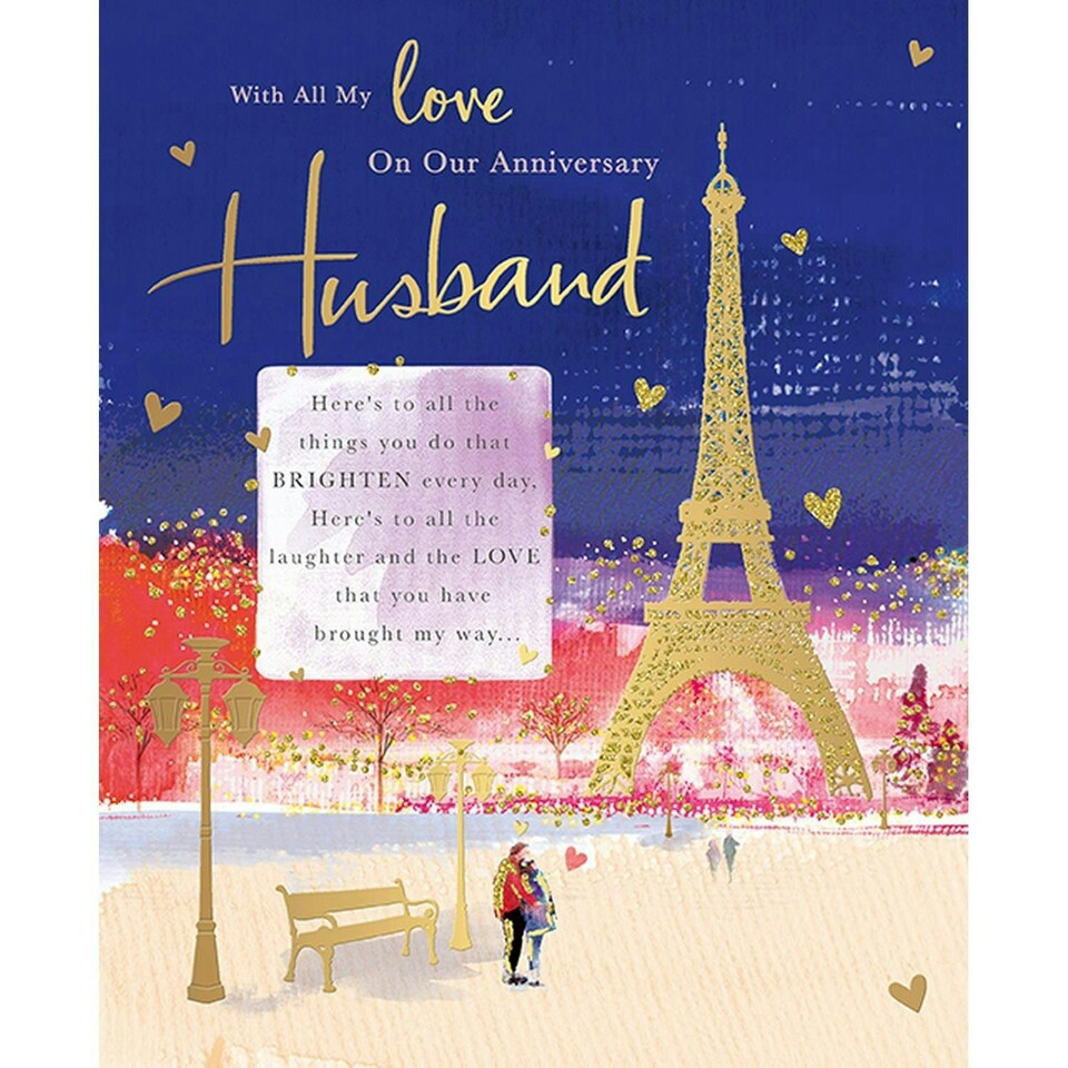 Words 'n' Wishes 'Husband' Large Anniversary Card - Eiffel Tower at Night City Scene Embossed with Foil & Flitter - Eco-Friendly - Made in Great Britain