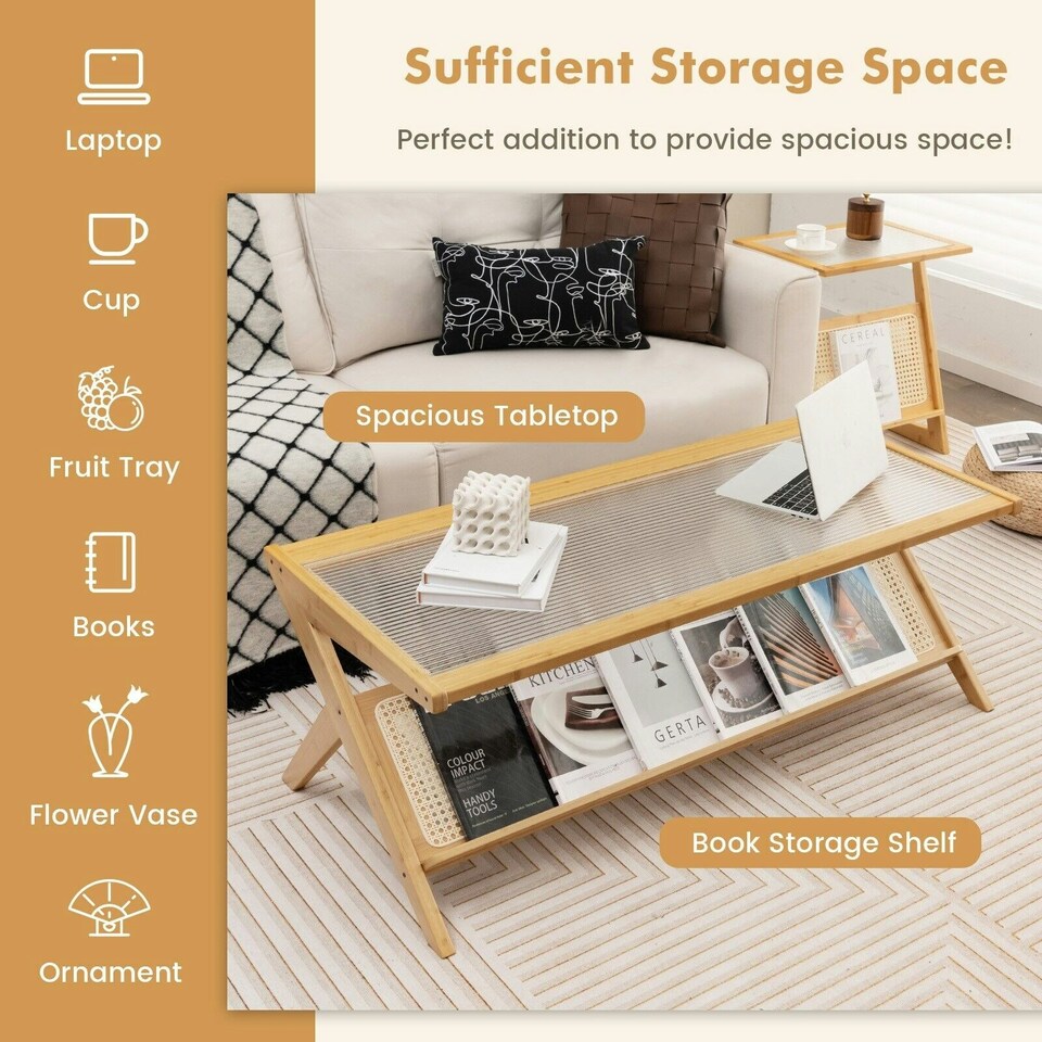 image 1 of COSTWAY 2-Tier Rectangular Coffee Table with Glass Tabletop Brown