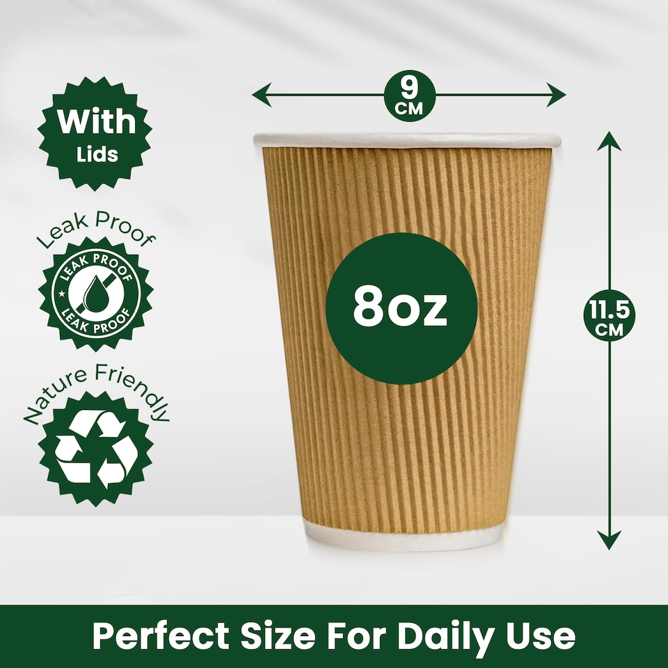 image 1 of ECONX 8oz Kraft Disposable Coffee Cups With White Lid Ripple Insulated Paper Cups 100pc