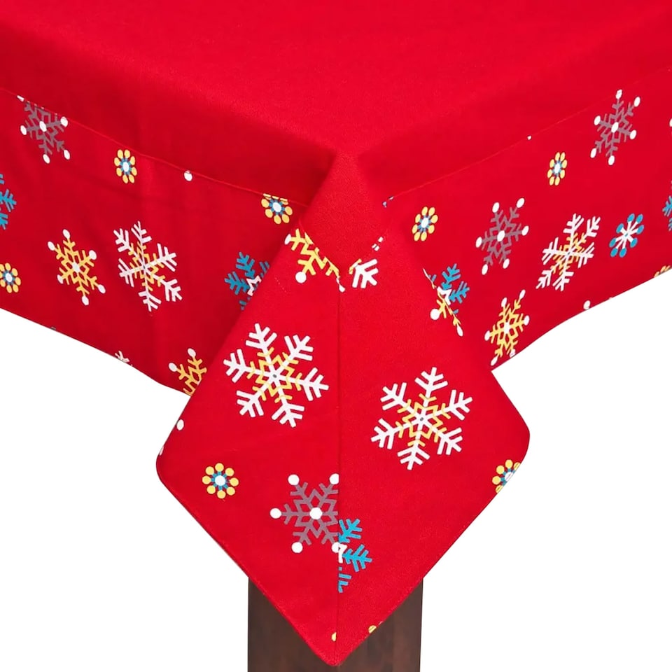 image 1 of Homescapes Cotton Christmas Red Snowflake Border Tablecloth - 137 x 228 cm | Red | 137cm x 228cm (54" x 90")