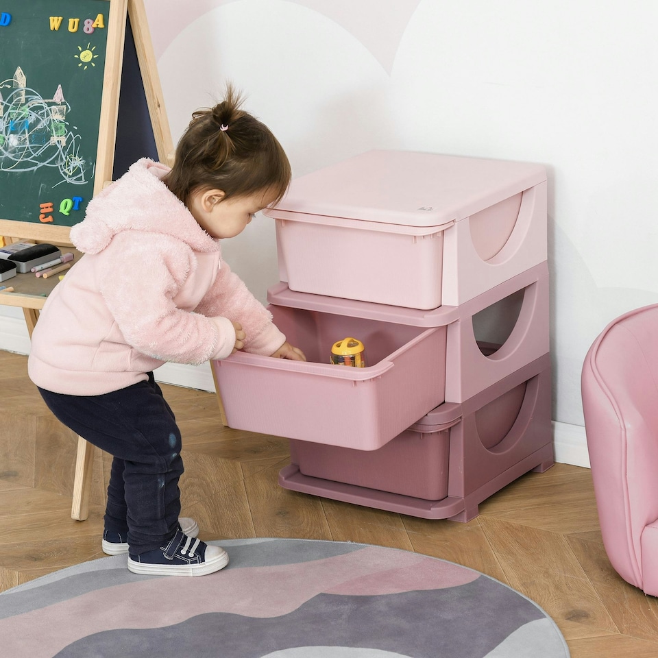 image 1 of HOMCOM Kids Storage Units with Drawers 3 Tier Chest Vertical Dresser Tower Pink | 37cm x 37cm x 56.5cm