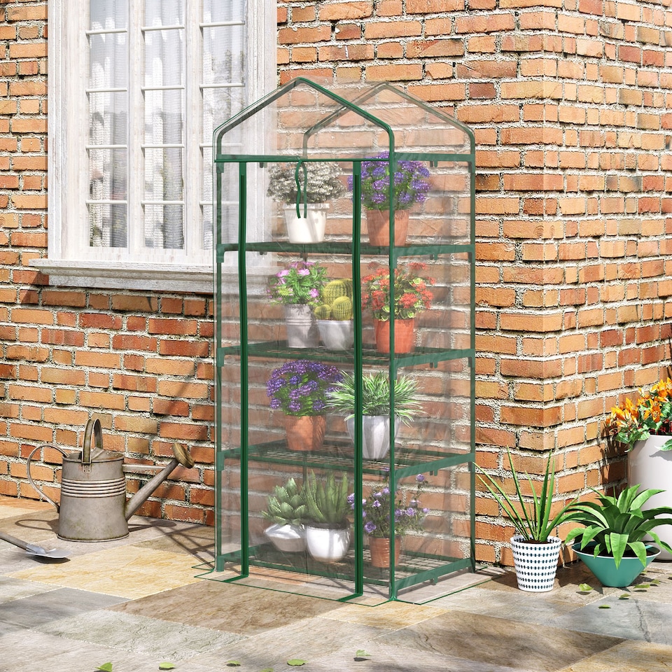 image 1 of Outsunny Portable 4-Tier Mini Greenhouse Plant Grow House Shed w Clear Cover