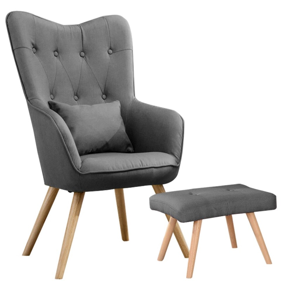 image 1 of Living and Home Classic Linen Oak Wood Legs Leisure Armchair with Cushion and Footstool - Dark Grey 60*50*100cm Grey