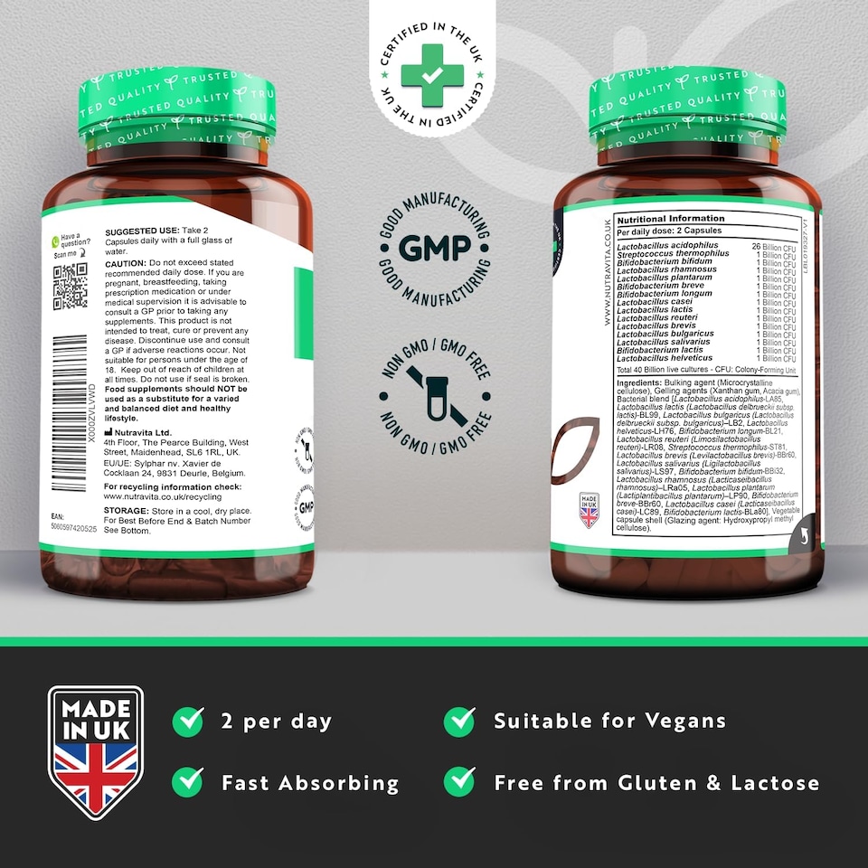 image 1 of Nutravita Super Strength 40 Billion CFU Bio Cultures Complex with 15 Live Strains - Digestive Enzyme Supplement for Men & Women - 60 Vegan Capsules