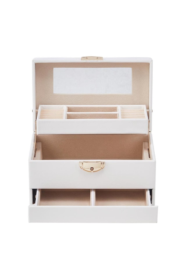 image 1 of Living and Home Lockable Jewellery Storage Box with Drawer-White | White