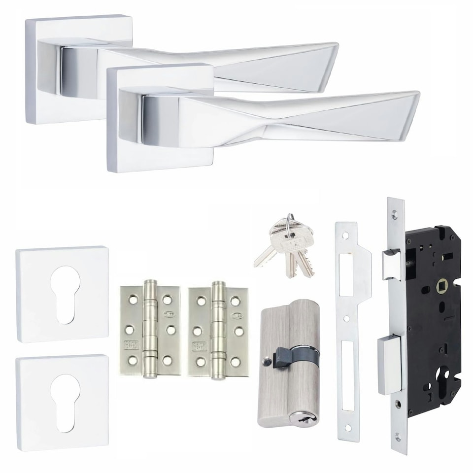 image 1 of Golden Grace Modern Aura Euro Lock Door Handles in Polished Chrome Finish with 70mm Key, Key Barrell and Ball Bearing Hinges Chrome