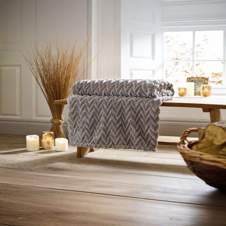 image 1 of Tadcaster Chevron Plush Throw, 140×180cm – Warm Decorative Sofa Blanket | Brown | Mushroom