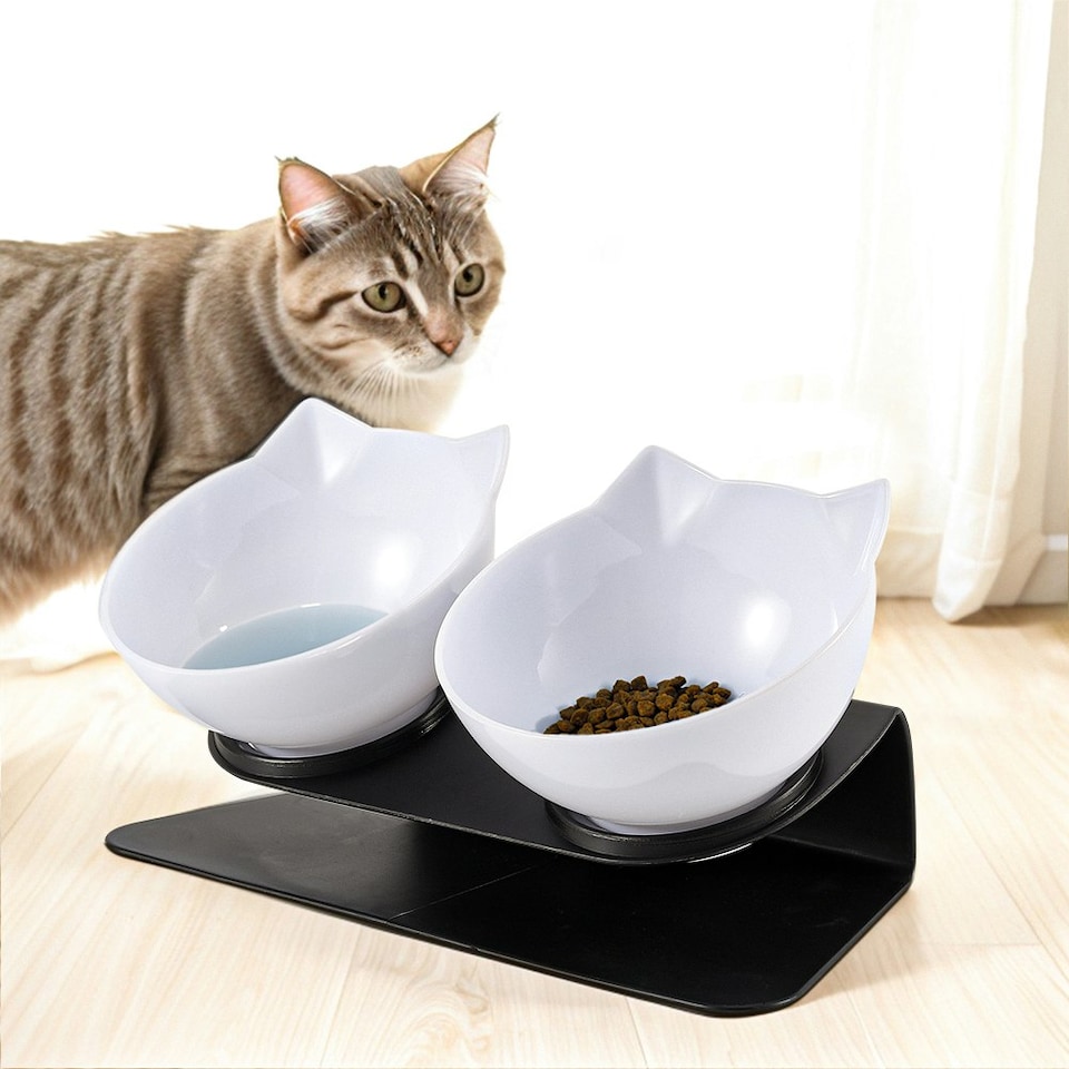 image 1 of Living and Home 15° Tilted Elevated Feeder with Double Cat Bowls, White | Multi