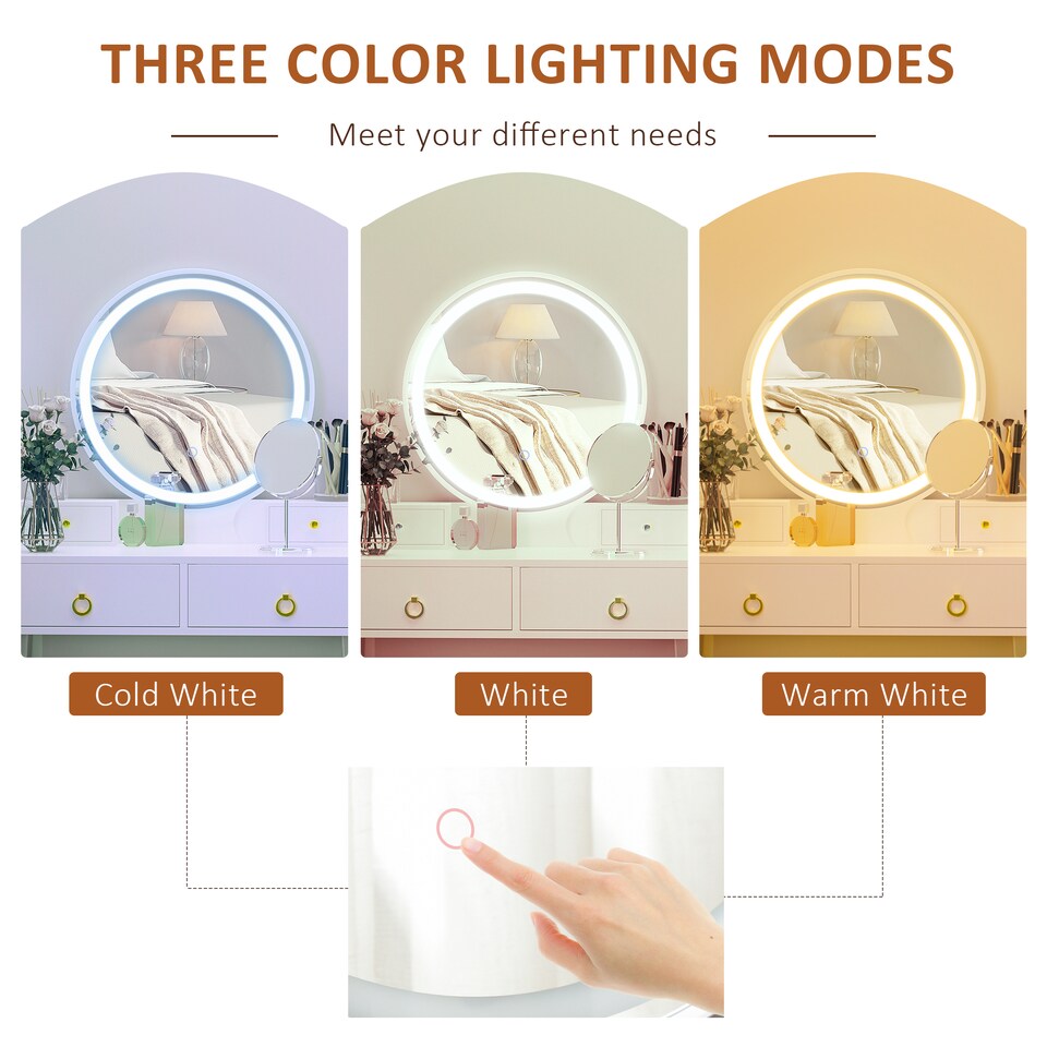 image 1 of HOMCOM Dressing Table Set with Mirror, Built-in 3 Color LED Light, Vanity Makeup Table with 4 Drawers and Cushioned Stool for Bedroom, White