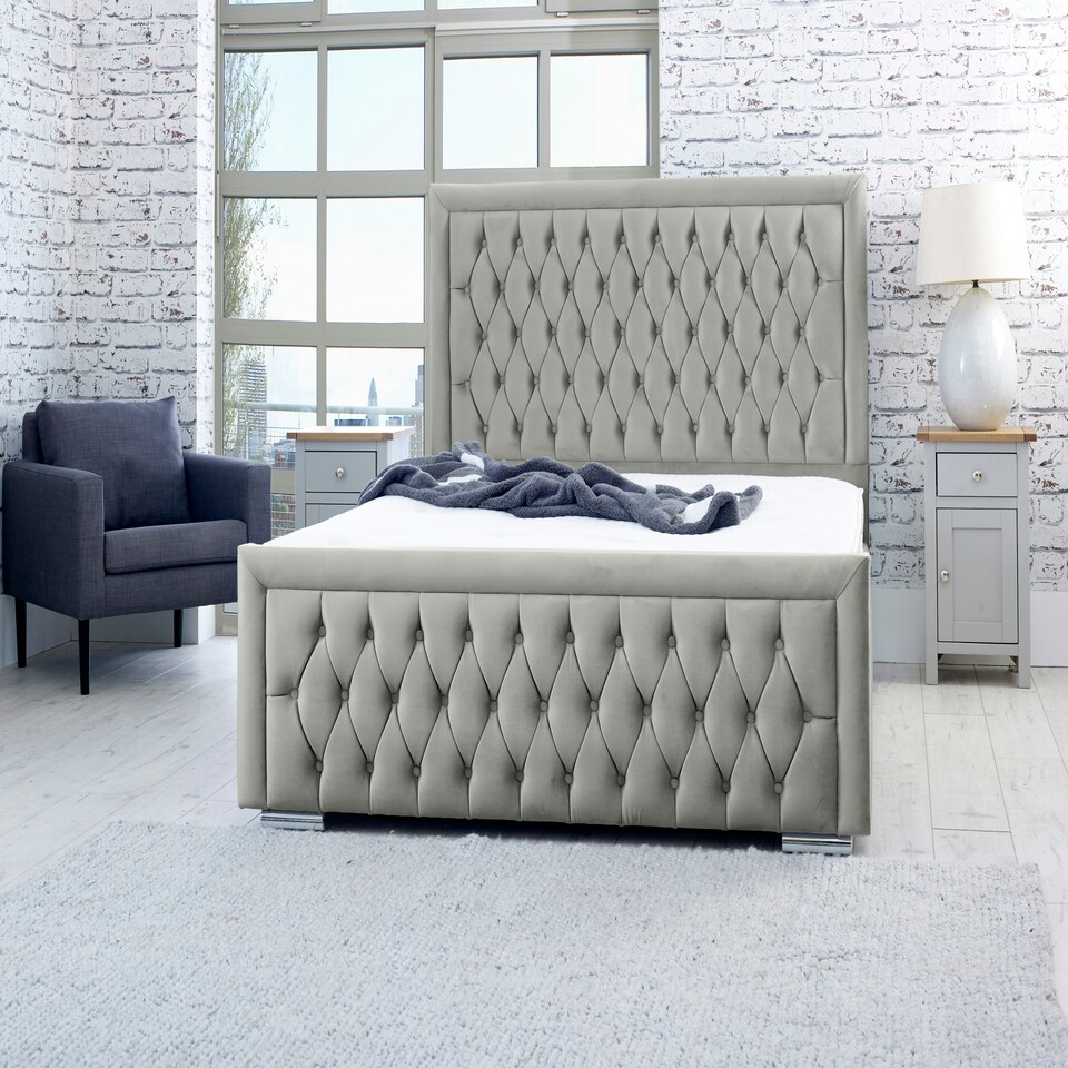 image 1 of Piera Plush Double Bed Frame - Silver
