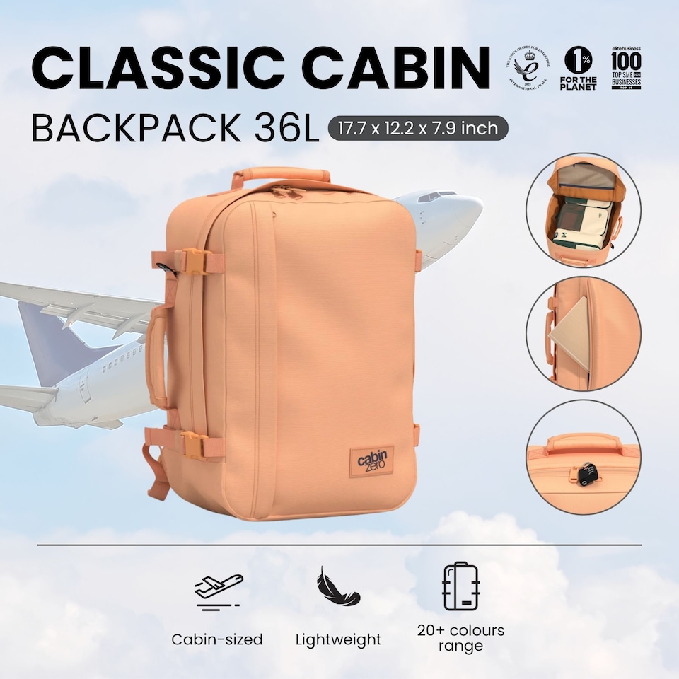 image 1 of CabinZero Classic Cabin Backpack 36L, Light & Roomy for Airline Overheads | Pink | Sunny Day