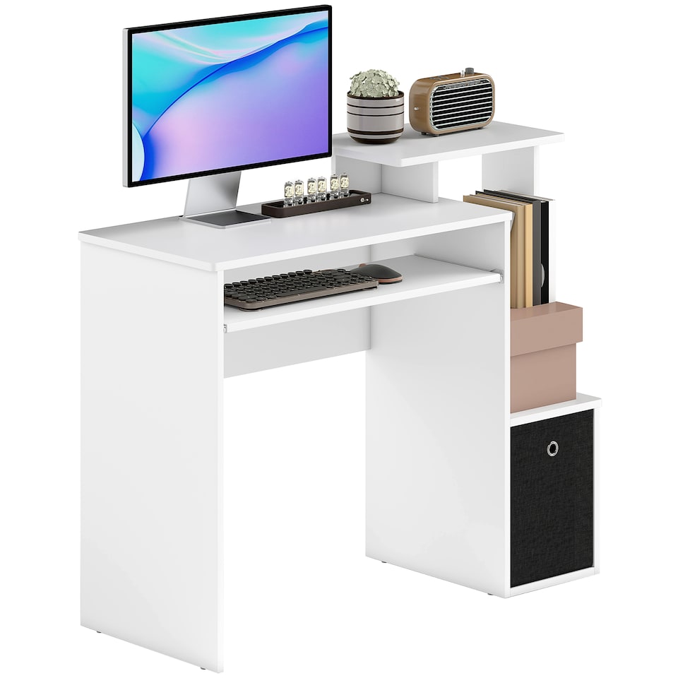 image 1 of HOMCOM Computer Desk with Sliding Keyboard Tray Storage Drawer Shelf Home Office Workstation White