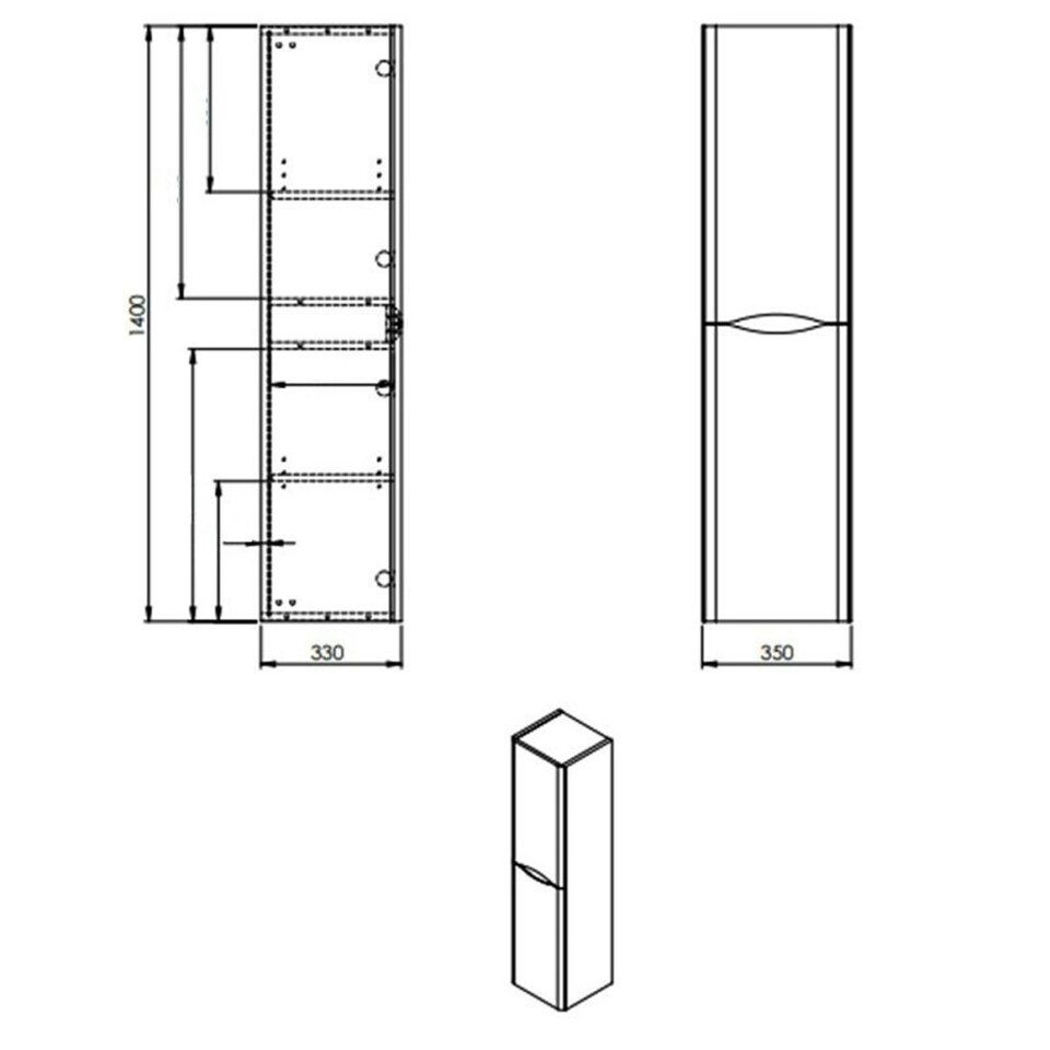 image 1 of Bathroom Wall Hung 2-Door Tall Storage Unit 350mm Wide x 330mm Deep - Gloss White - (Arch) | White | White | 1