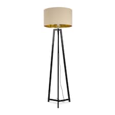 ValueLights Lottie Black Wood Tripod Floor Lamp Beige Gold Shade and Bulb