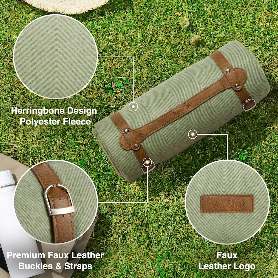 image 1 of VonShef Picnic Blanket - Green Herringbone