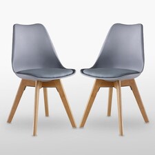 Set of 2 Scandinavian Dining Chairs with Leather Cushions Solid Wood Legs Grey