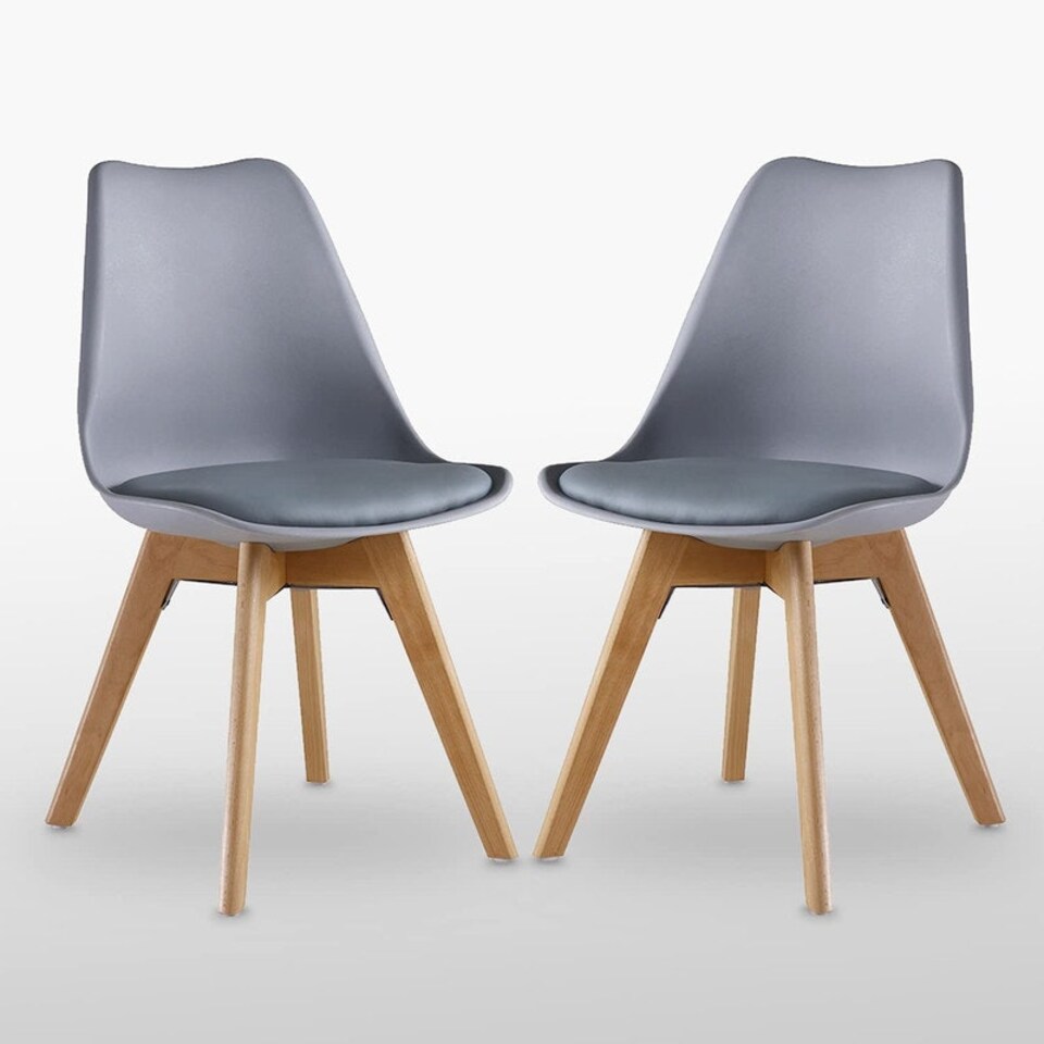 image 1 of Set of 2 Scandinavian Dining Chairs with Leather Cushions Solid Wood Legs Grey