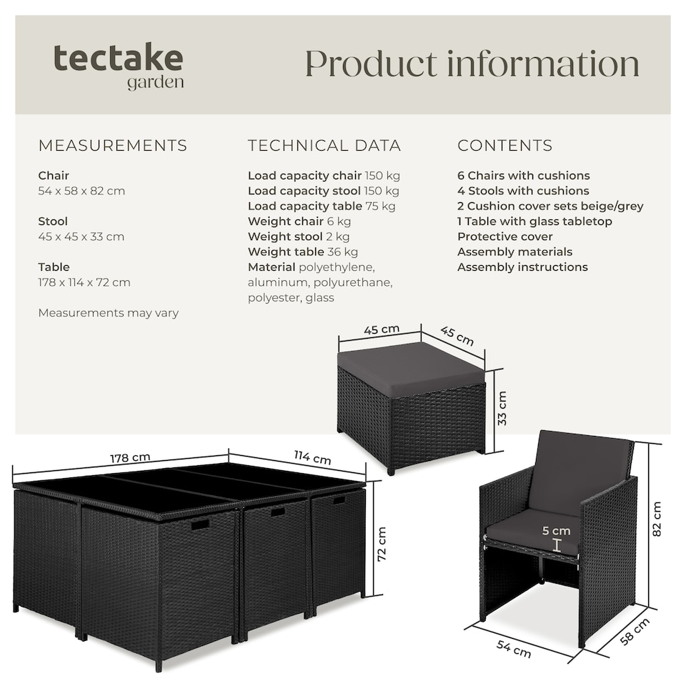 image 1 of Garden Table and Chairs New York - 10 seats with cushions, dining table, rain cover | Black | black | 1