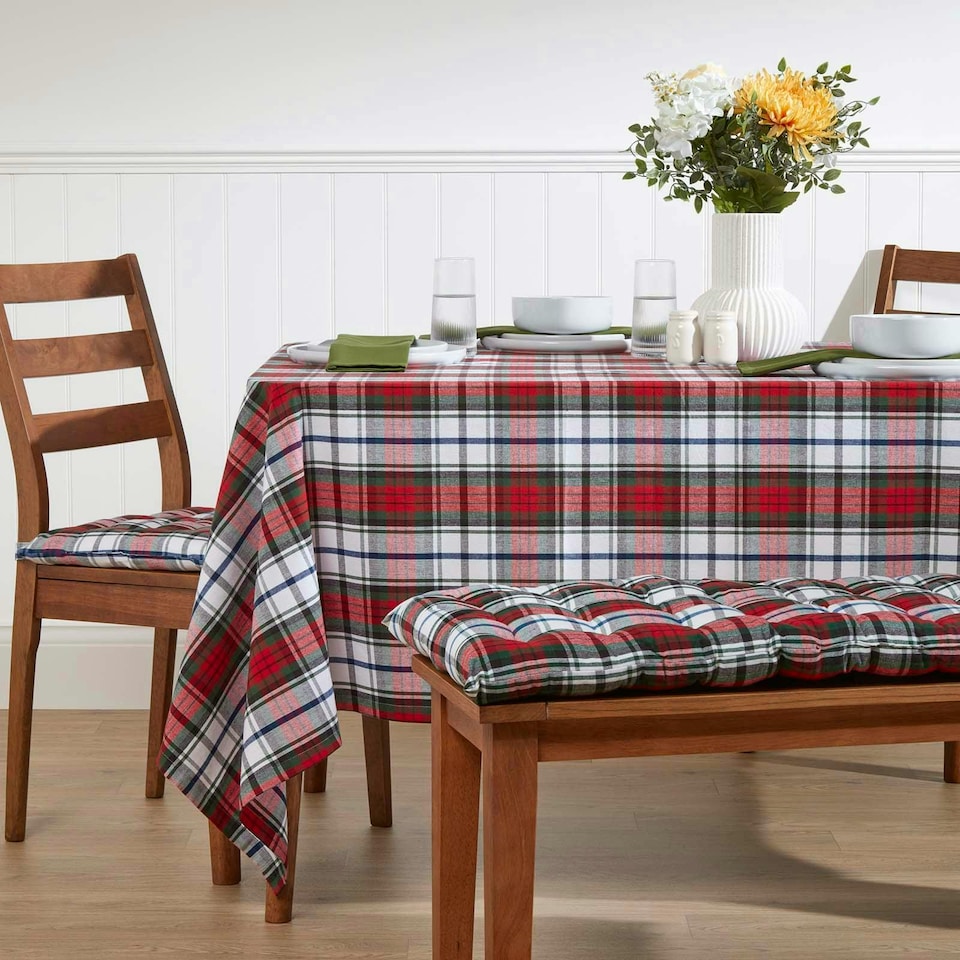 image 1 of Homescapes Garden Bench Cushion Luxury 2 Seater Cotton Tartan Indoor Outdoor Seat Pad | Red | 108 x 42 cm | 1