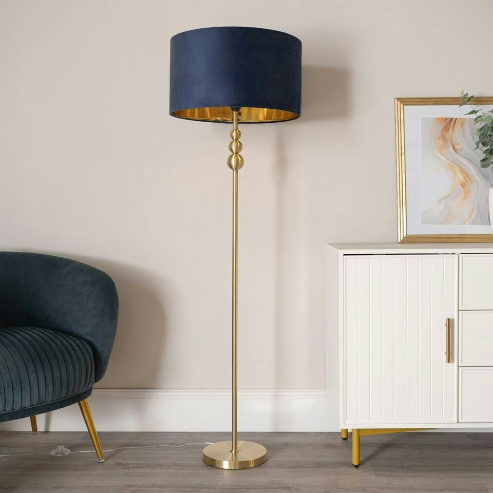 image 1 of ValueLights Marissa Gold Stacked Ball Floor Lamp with Navy Blue Velvet with Gold Inner Shade | Blue