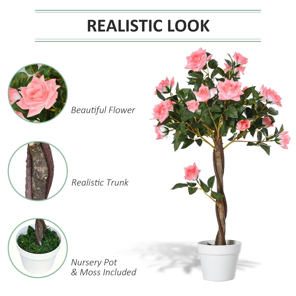 image 1 of Outsunny 90cm Artificial Rose Tree, Fake Decorative Plant, Pink