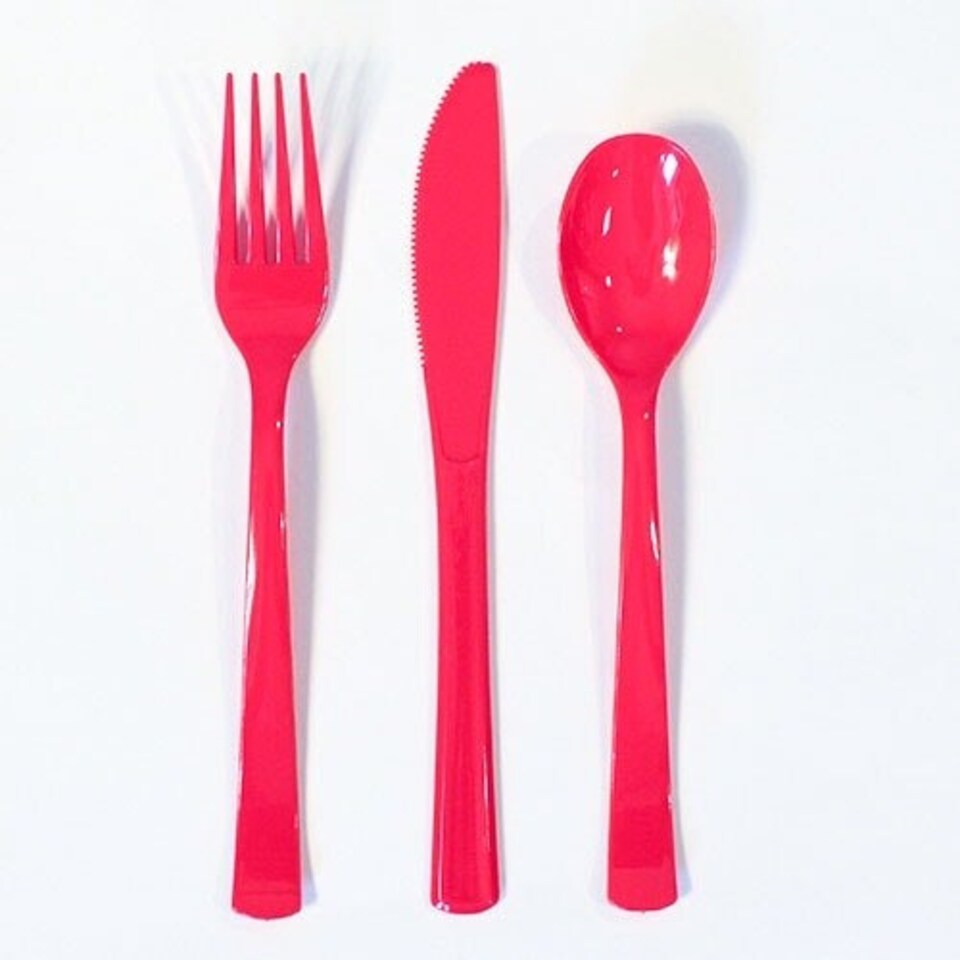 Ruby Red Plastic Reusable Assorted Cutlery Set - Pack of 18