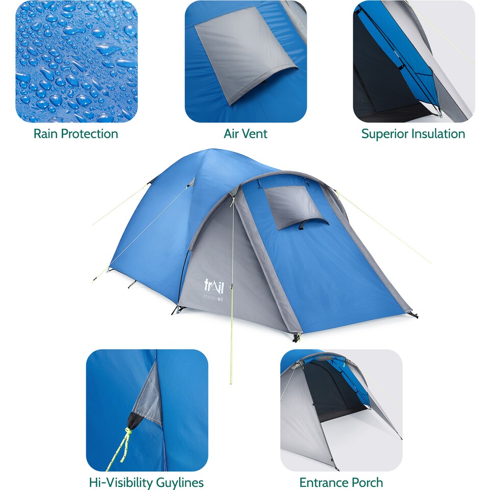 image 1 of Bracken 2 Man Tent With Porch Waterproof at 3000mm HH Camping Festival Trail | Blue | 1