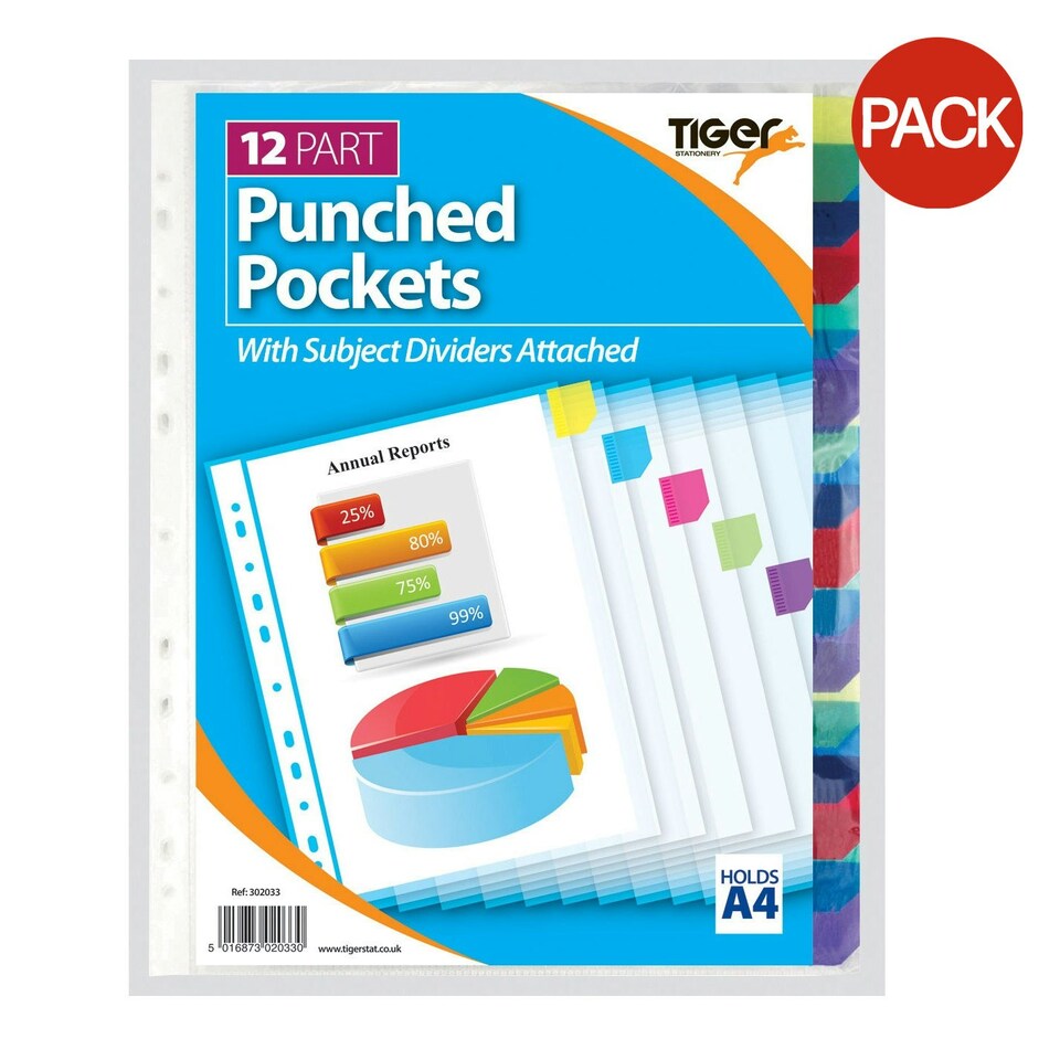 Tiger Stationery A4 Punched Pockets (Pack of 10) - White - One Size
