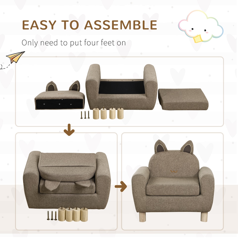 image 1 of HOMCOM Kids Sofa Children Armchair Toddler Chair Ear Modeling Bedroom | Brown | One Size