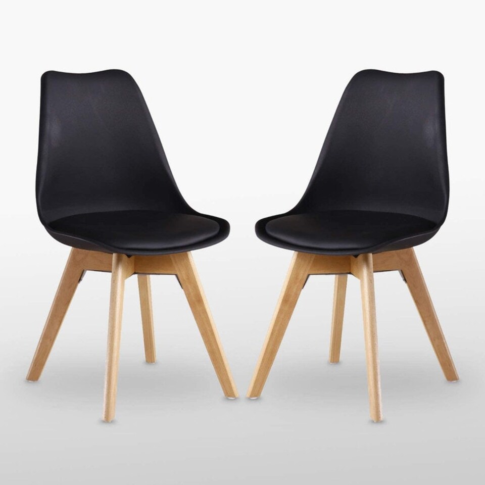 image 1 of Set of 2 Scandinavian Dining Chairs with Leather Cushions Solid Wood Legs Black