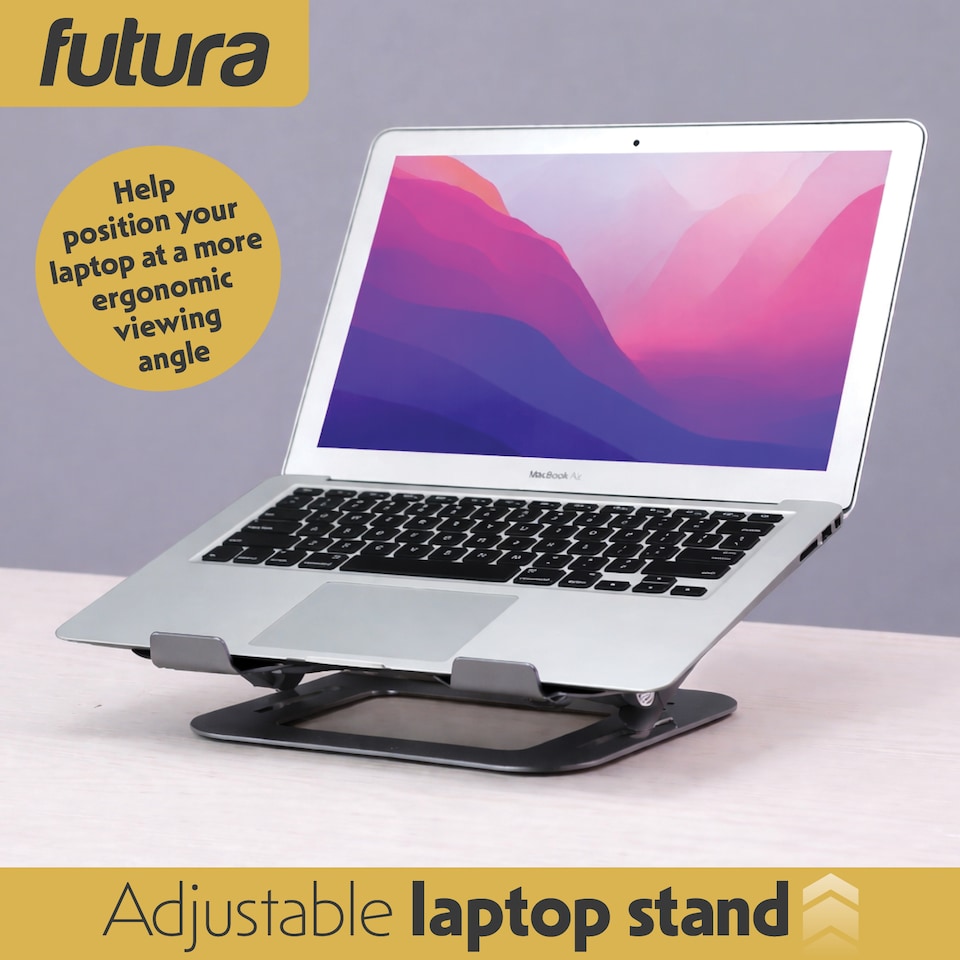 image 1 of Futura Laptop Stand Adjustable Portable Riser, Grey Foldable Aluminium Holder for MacBook AirPro and 11 to 17 inch Laptops | Grey | Grey | One Size | 1