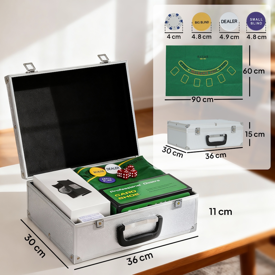 image 1 of SPORTNOW 300-Piece Poker Chips Set with Card Shuffler, Card Shoe, ABS Case, Casino Texas Holdem Poker Set with Mat, 11.5g Poker Chips, Two Decks of Cards, Dealer, Blind Buttons, Five Dices, Silver