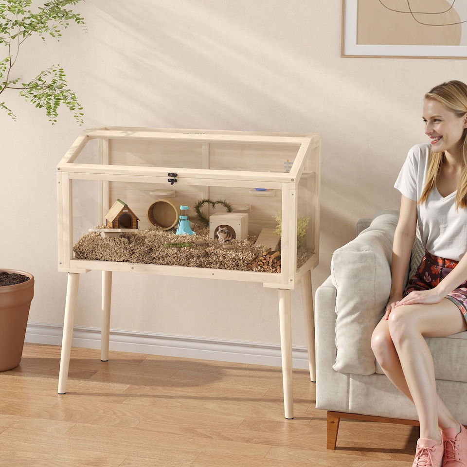 image 1 of PawHut Wooden Hamster Cage, Gerbils Cage with Openable Top and Seesaws